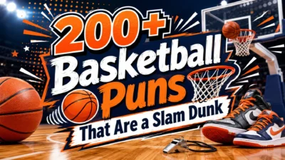 200+ basketball puns with hoop, basketballs, sneakers, and slam dunk court design