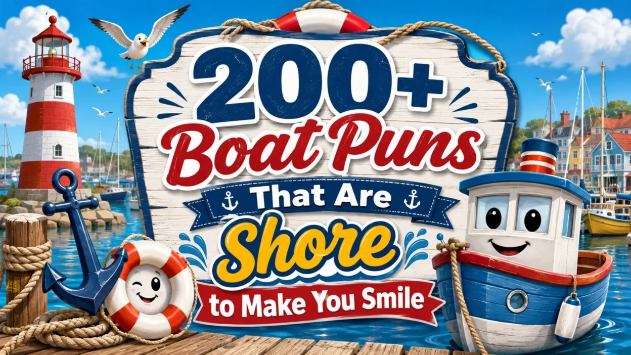 200+ boat puns with marina, lighthouse, anchor, lifebuoy, and smiling boat