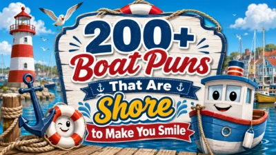 200+ boat puns with marina, lighthouse, anchor, lifebuoy, and smiling boat