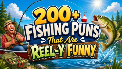 Fishing puns image with rod, jumping fish, lake, boat, tackle box, and funny reel humor