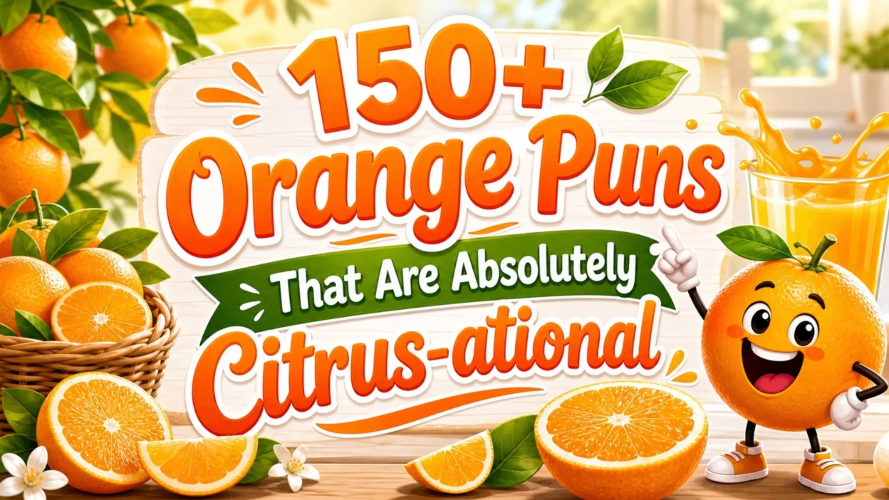 Orange puns image with fresh oranges, citrus slices, leaves, juice splash, and funny fruit humor
