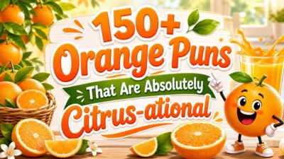 Orange puns image with fresh oranges, citrus slices, leaves, juice splash, and funny fruit humor