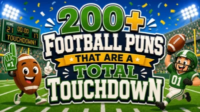 Football puns image with football field, goalposts, scoreboard, stadium lights, and funny touchdown humor