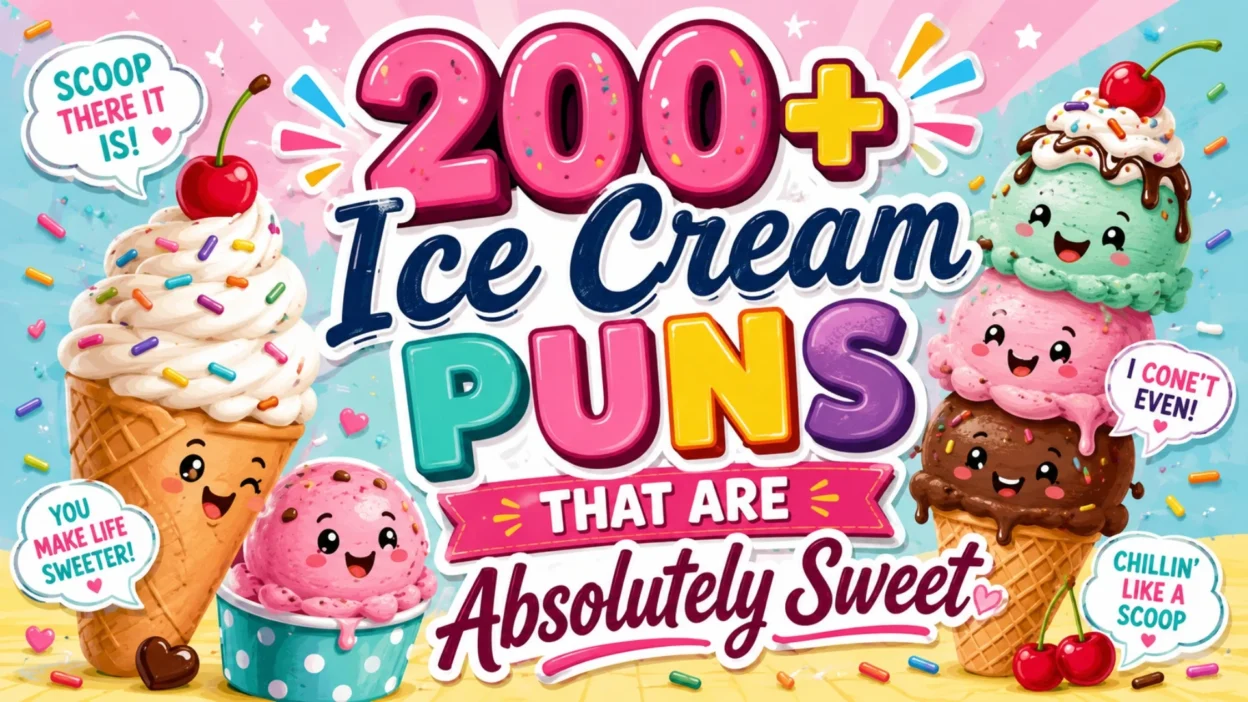 Ice cream puns image with cute smiling scoops, cones, cherries, sprinkles, and sweet colorful humor