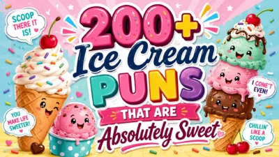 Ice cream puns image with cute smiling scoops, cones, cherries, sprinkles, and sweet colorful humor