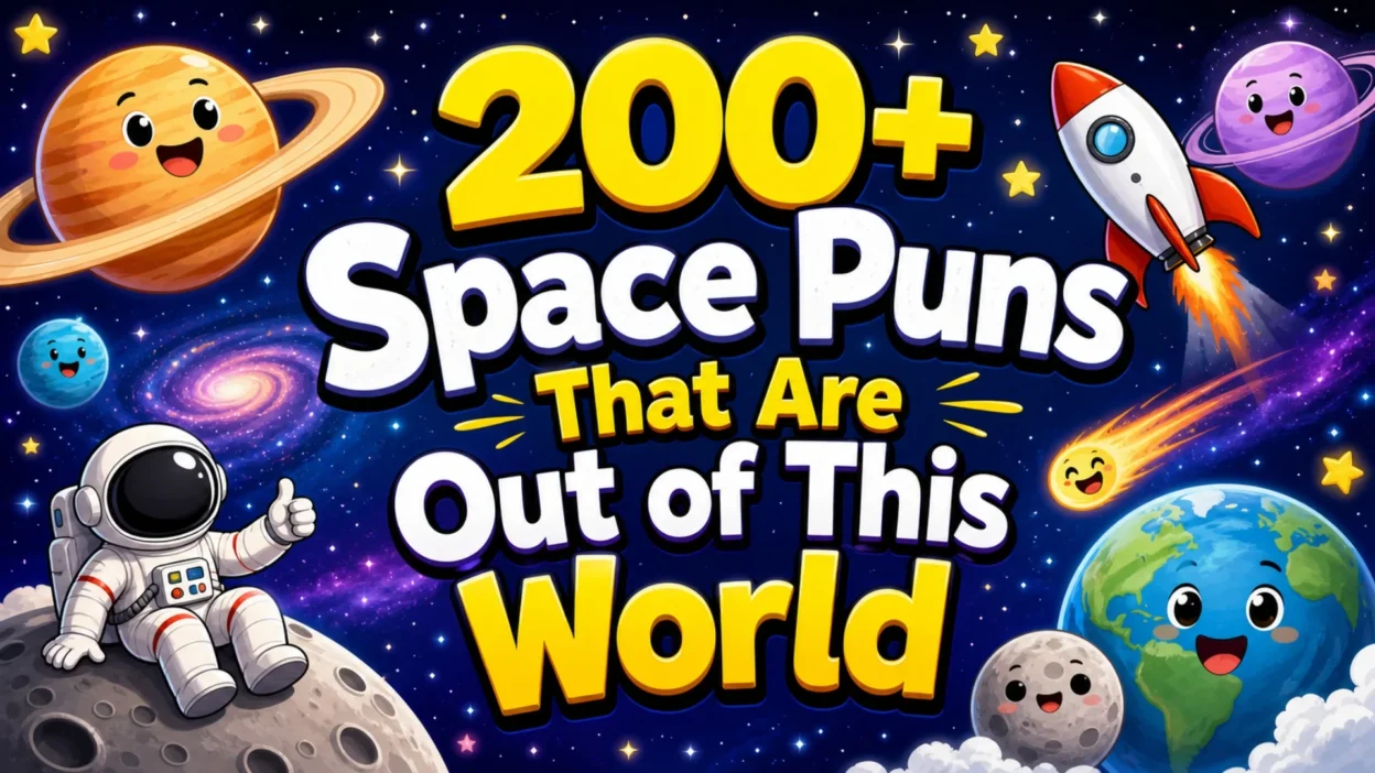 Space puns image with rocket, astronaut, planets, stars, moon, comet, galaxy, and funny cosmic humor