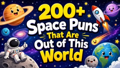 Space puns image with rocket, astronaut, planets, stars, moon, comet, galaxy, and funny cosmic humor