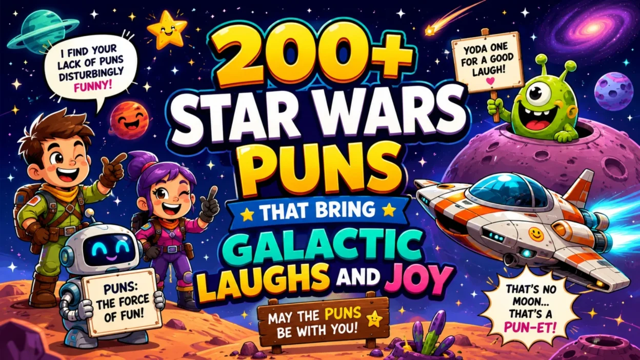 Star Wars puns image with cartoon space heroes, robot, alien, spaceship, and colorful galactic humor text