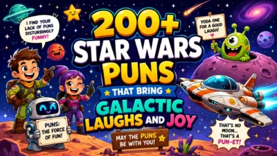 Star Wars puns image with cartoon space heroes, robot, alien, spaceship, and colorful galactic humor text