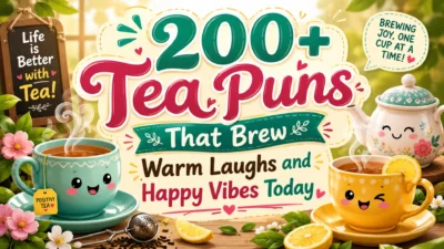 Tea puns image with cute teacups, teapot, lemon slices, flowers, and warm funny wordplay