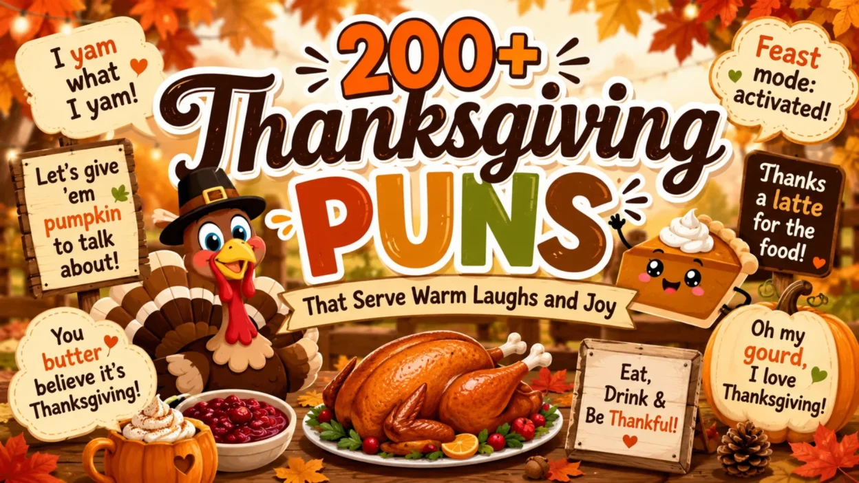 Thanksgiving puns image with turkey, pumpkin pie, autumn leaves, festive table, and funny holiday wordplay