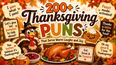 Thanksgiving puns image with turkey, pumpkin pie, autumn leaves, festive table, and funny holiday wordplay