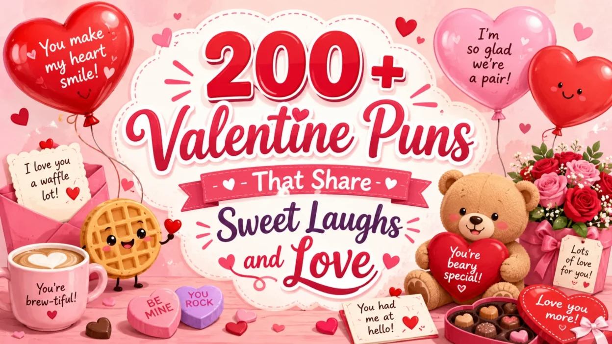 Valentine puns image with hearts, teddy bear, roses, chocolates, and sweet love wordplay