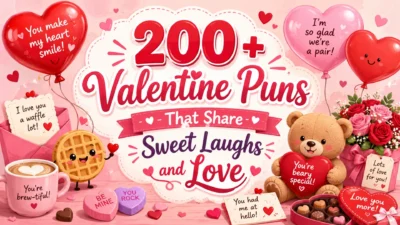 Valentine puns image with hearts, teddy bear, roses, chocolates, and sweet love wordplay