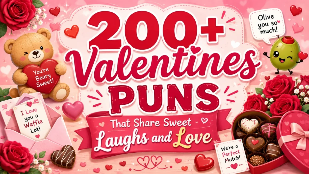 Valentines puns image with hearts, teddy bear, roses, chocolates, and sweet romantic wordplay