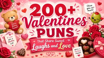 Valentines puns image with hearts, teddy bear, roses, chocolates, and sweet romantic wordplay
