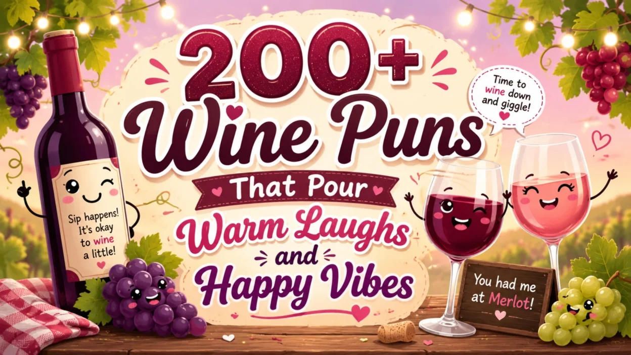 Wine puns image with smiling wine bottle, glasses, grapes, vineyard, and funny wordplay