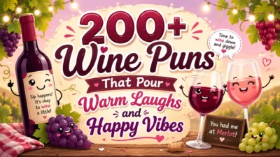 Wine puns image with smiling wine bottle, glasses, grapes, vineyard, and funny wordplay