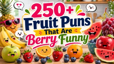 250+ fruit puns with smiling fruits, berries, bananas, apples, and watermelon