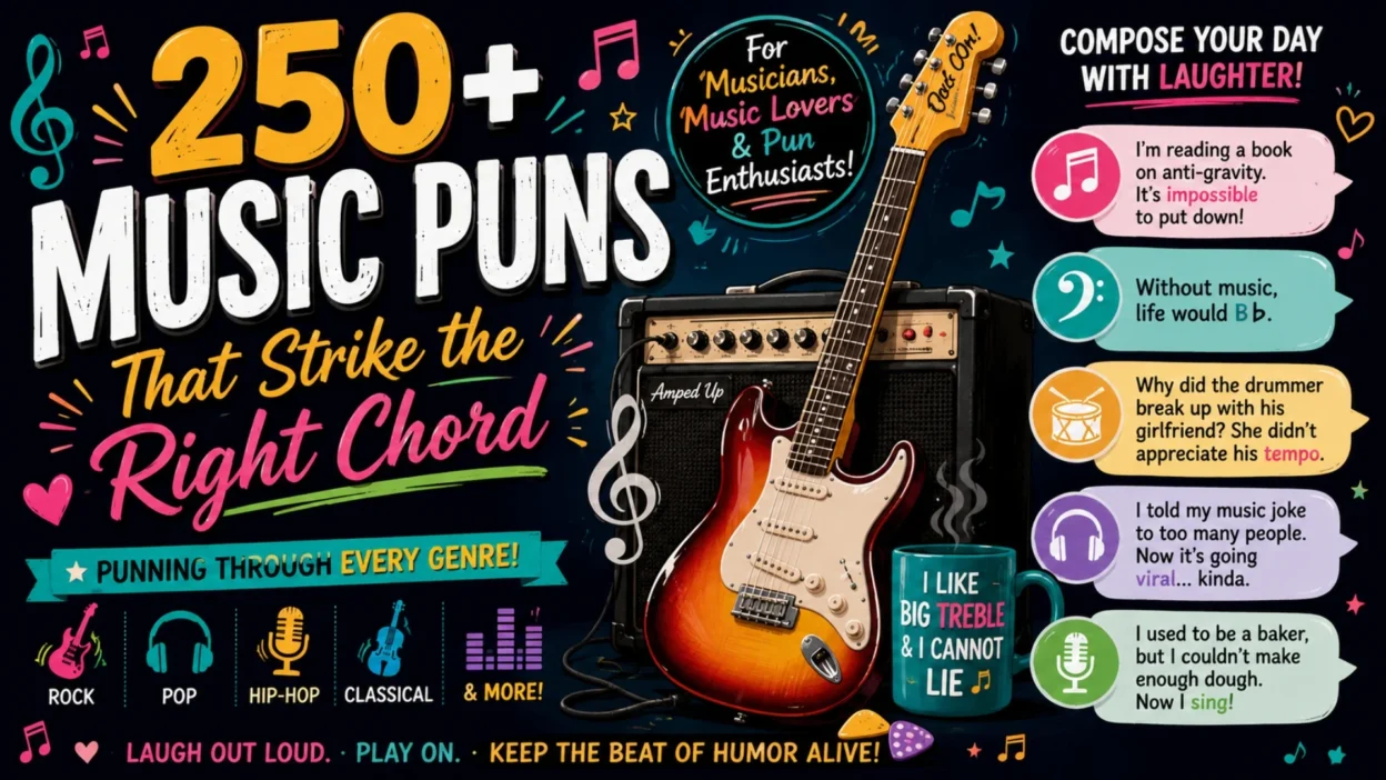 Funny music puns with guitar, musical notes, and witty jokes for musicians, singers, and music lovers.