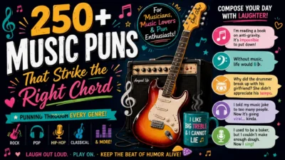Funny music puns with guitar, musical notes, and witty jokes for musicians, singers, and music lovers.
