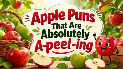 Apple puns image with red and green apples, apple slices, orchard leaves, and funny fruit humor