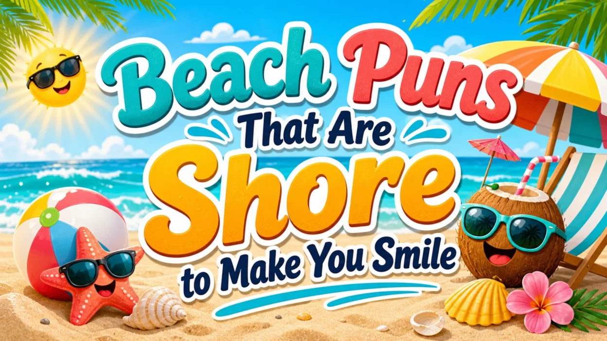 Beach puns image with ocean waves, sandy shore, umbrella, sunglasses, shells, and funny summer humor