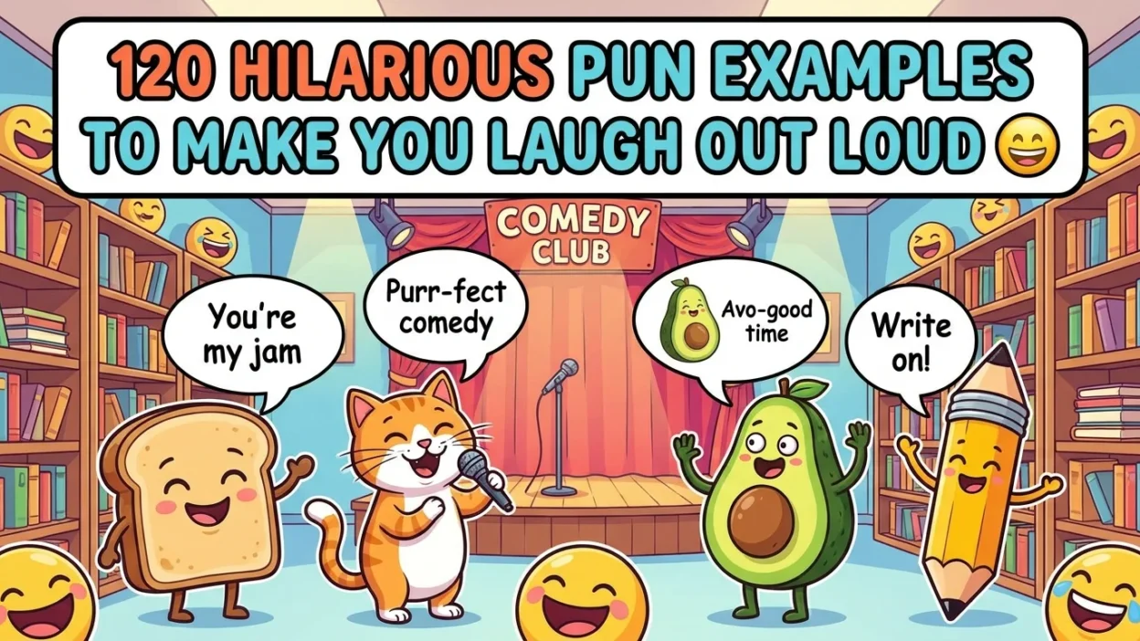 Funny pun examples illustration with playful humor and witty wordplay designed to make readers laugh out loud