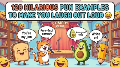 Funny pun examples illustration with playful humor and witty wordplay designed to make readers laugh out loud
