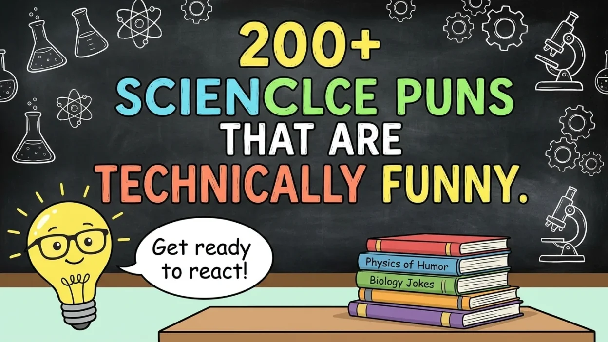 Funny science puns and clever STEM jokes featuring chemistry, physics, biology, and geeky wordplay.