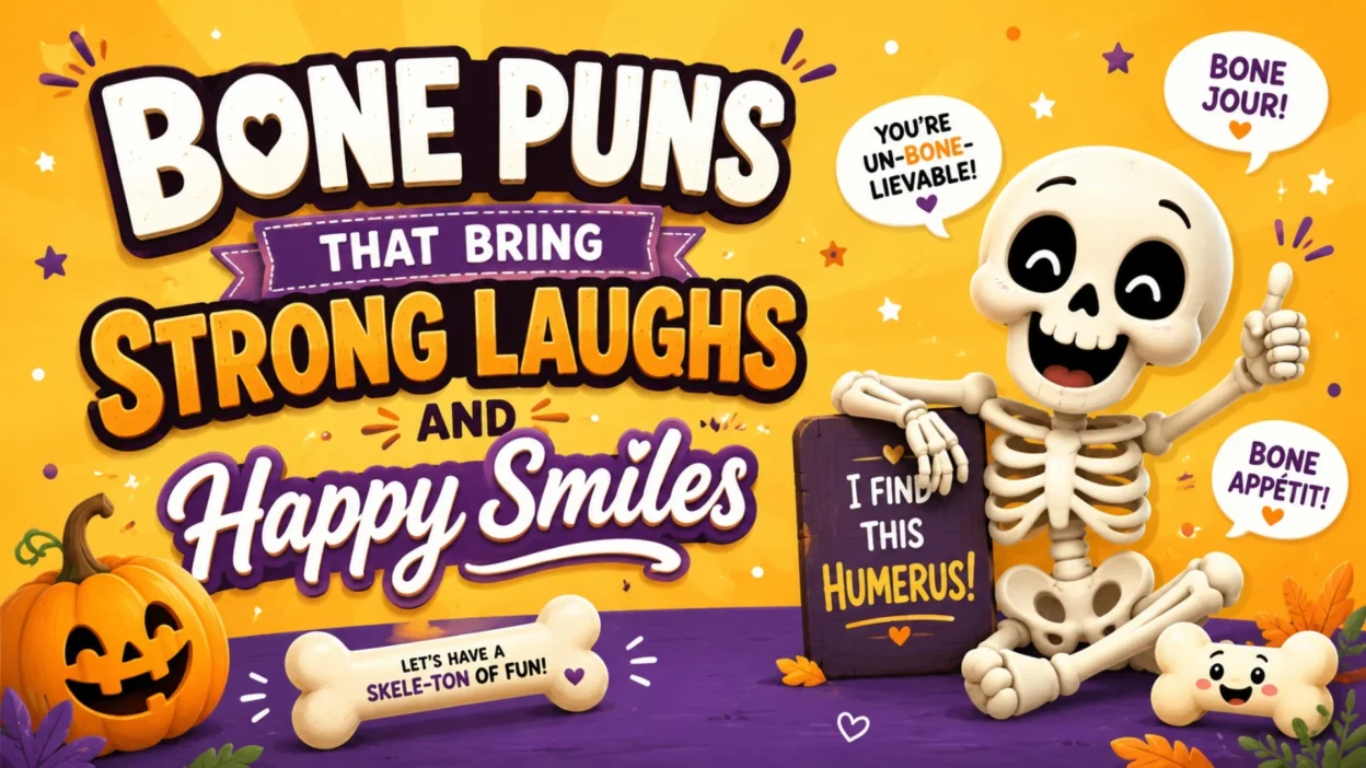 Bone puns image with cute skeleton, pumpkin, bones, and funny Halloween wordplay