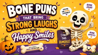 Bone puns image with cute skeleton, pumpkin, bones, and funny Halloween wordplay