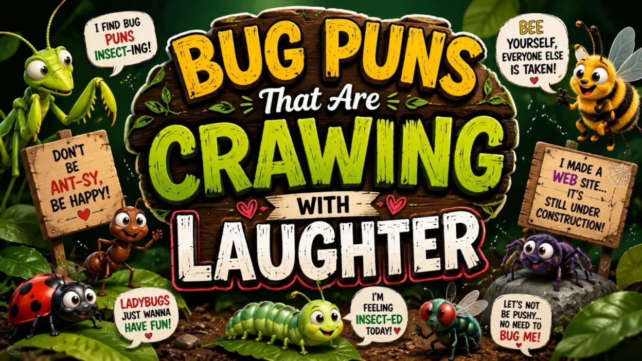 Bug puns cover with cartoon insects, leafy forest background, and funny crawling with laughter theme
