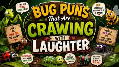 Bug puns cover with cartoon insects, leafy forest background, and funny crawling with laughter theme