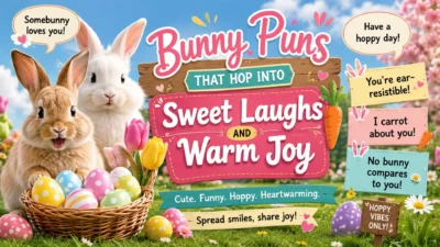Bunny puns image with cute rabbits, Easter eggs, spring flowers, and sweet funny wordplay