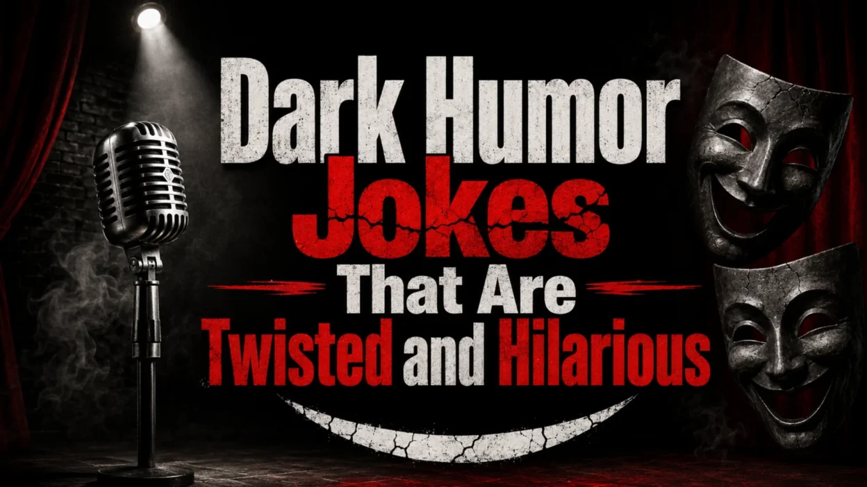 Dark humor jokes blog cover with vintage microphone, smoky stage, comedy masks, and twisted funny text