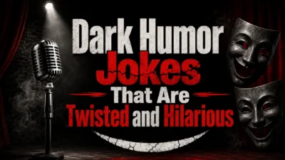 Dark humor jokes blog cover with vintage microphone, smoky stage, comedy masks, and twisted funny text