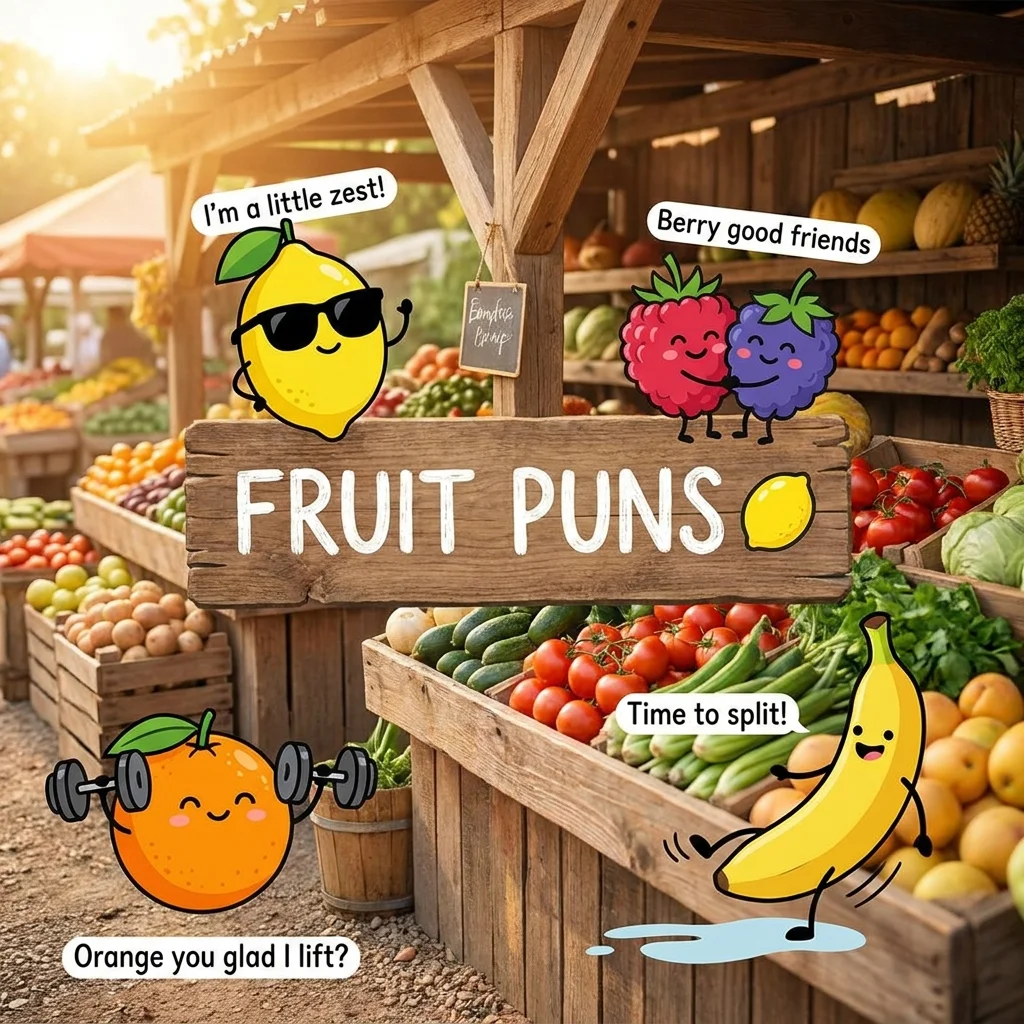 This playful image shows colorful smiling fruits gathered in a cheerful kitchen scene.
The bright berries, bananas, apples, and watermelon create a fun mood for silly fruit jokes and fresh humor.