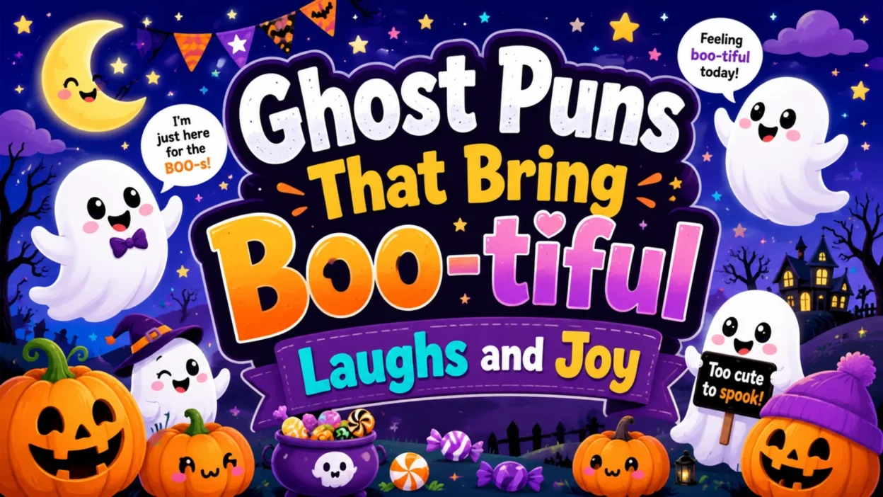 Ghost puns image with cute ghosts, pumpkins, moon, Halloween night, and boo-tiful funny wordplay