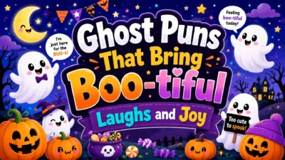 Ghost puns image with cute ghosts, pumpkins, moon, Halloween night, and boo-tiful funny wordplay