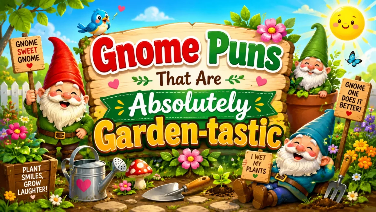 Gnome puns image with cute garden gnomes, flowers, mushrooms, watering can, and funny garden humor