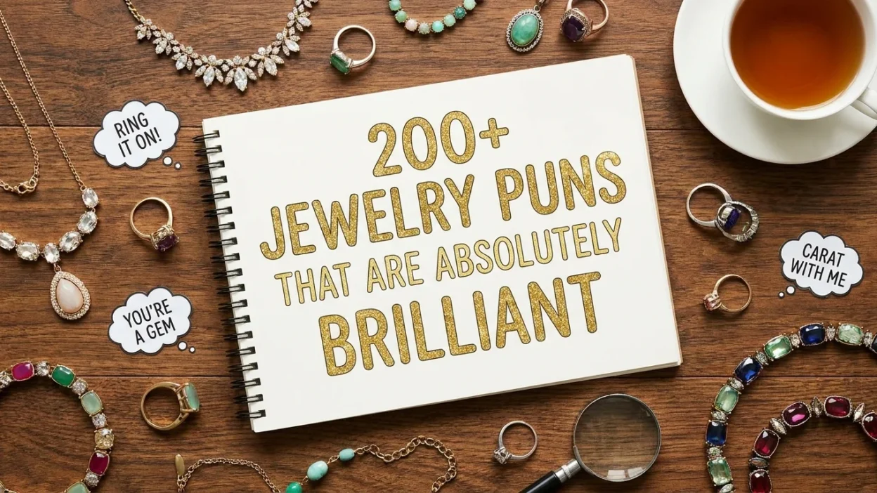 Jewelry puns collection featuring sparkling gems, diamond jokes, and brilliant jewelry humor for all ages