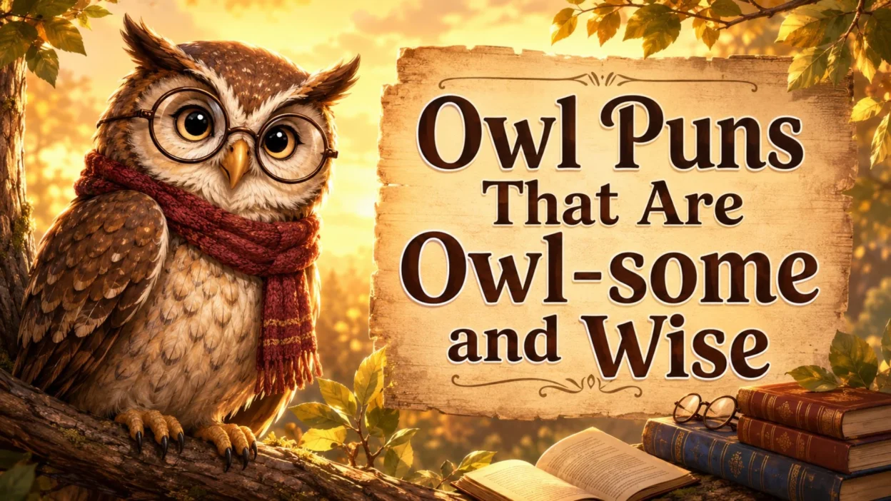 Owl puns blog cover with wise owl, books, and warm woodland background