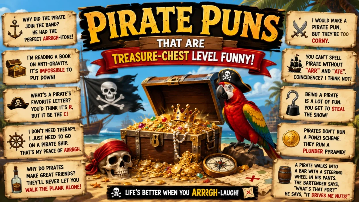 Pirate puns poster with treasure chest, parrot, pirate ship, and funny sea-themed jokes for all ages