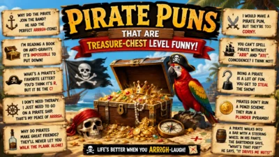 Pirate puns poster with treasure chest, parrot, pirate ship, and funny sea-themed jokes for all ages