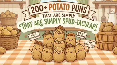 Funny potato puns and spud jokes featuring playful humor, wordplay, and potato-themed laughs.