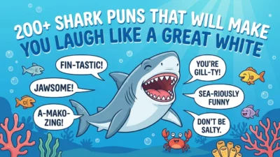 Funny shark puns poster featuring a smiling great white shark with ocean-themed jokes and playful sea humor