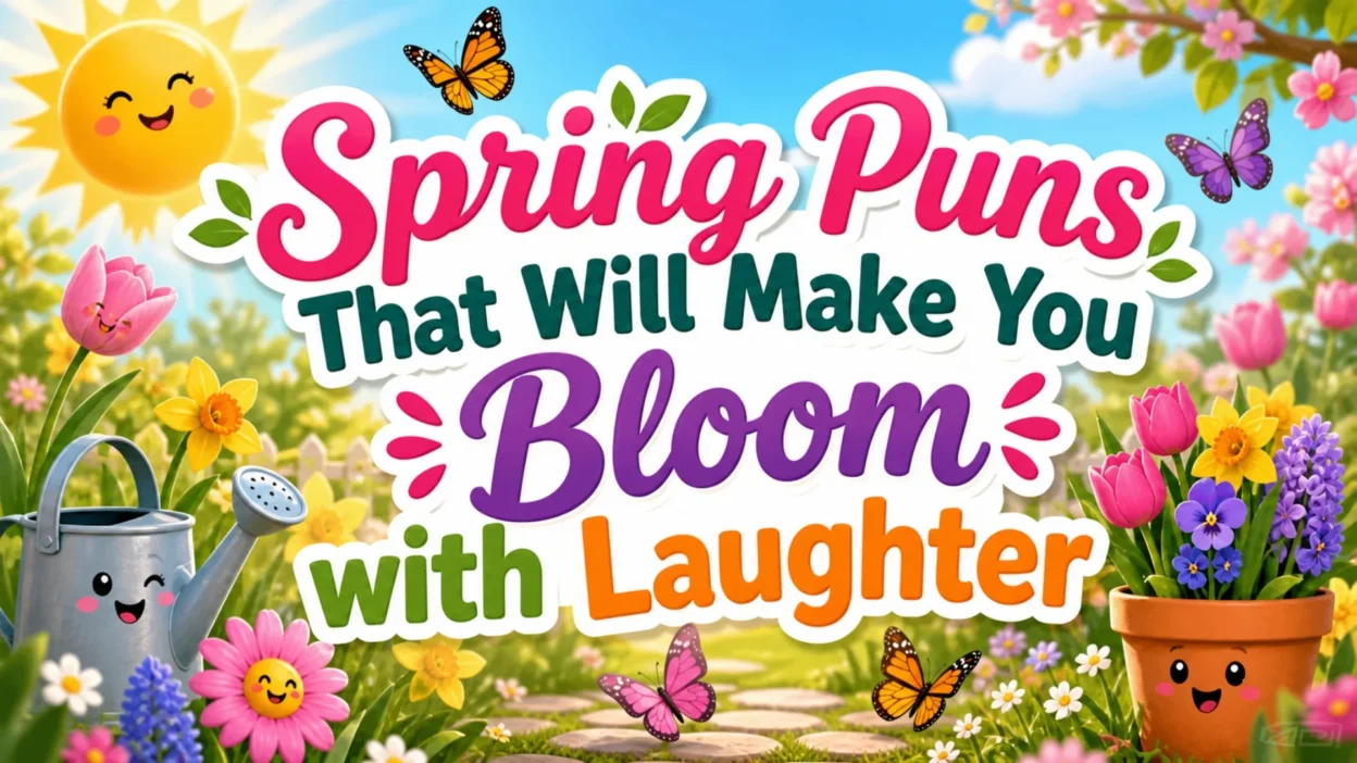 Spring puns image with blooming flowers, butterflies, sunshine, and funny seasonal garden humor