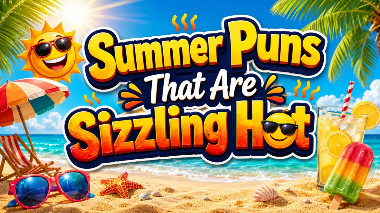 Summer puns cover with sunny beach, smiling sun, sunglasses, lemonade, popsicle, and sizzling hot text