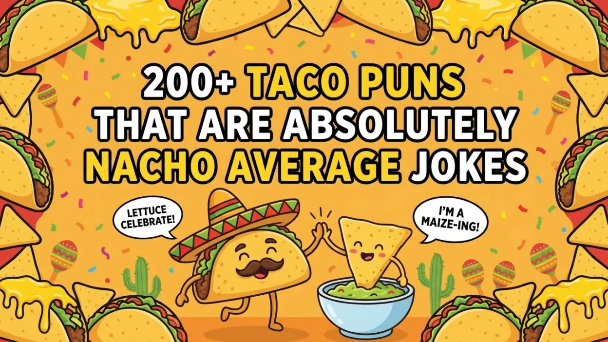 Taco puns collection with funny Mexican food jokes, nacho humor, and tasty taco-themed wordplay